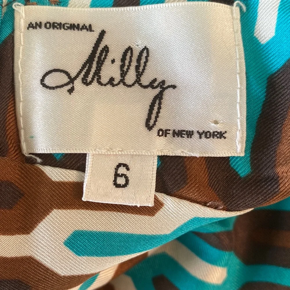 Milly of NY Silk Teal Green Brown Geometric Sheath Slip Column Dress - 6